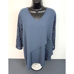 Susan Graver Blue Liquid Knit with Chiffon Tiers Lace Sleeves Tunic Top Size Sma